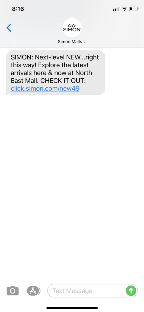 Simon Malls Text Message Marketing Example - 02.27.2021