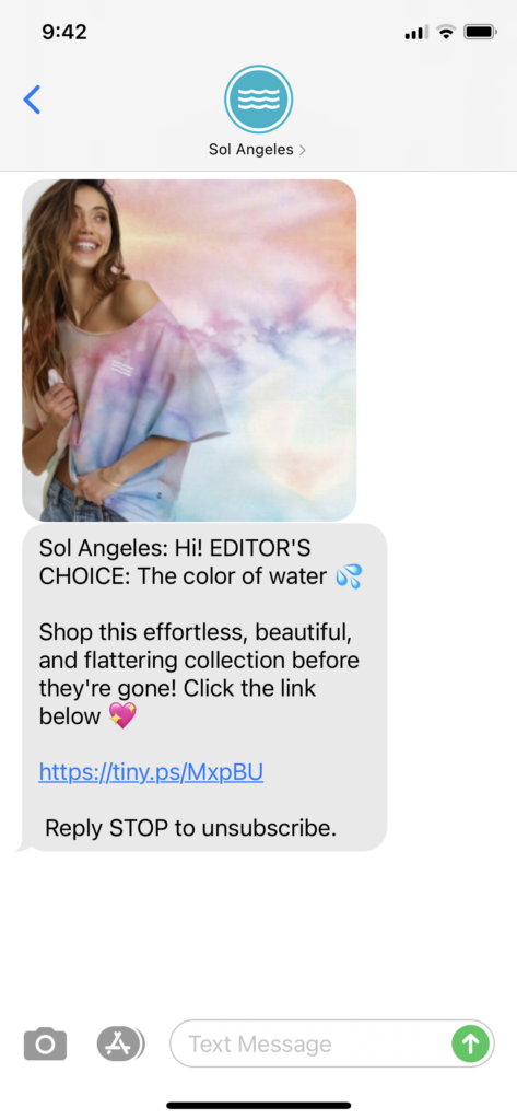 Sol Angeles Text Message Marketing Example - 03.31.2021
