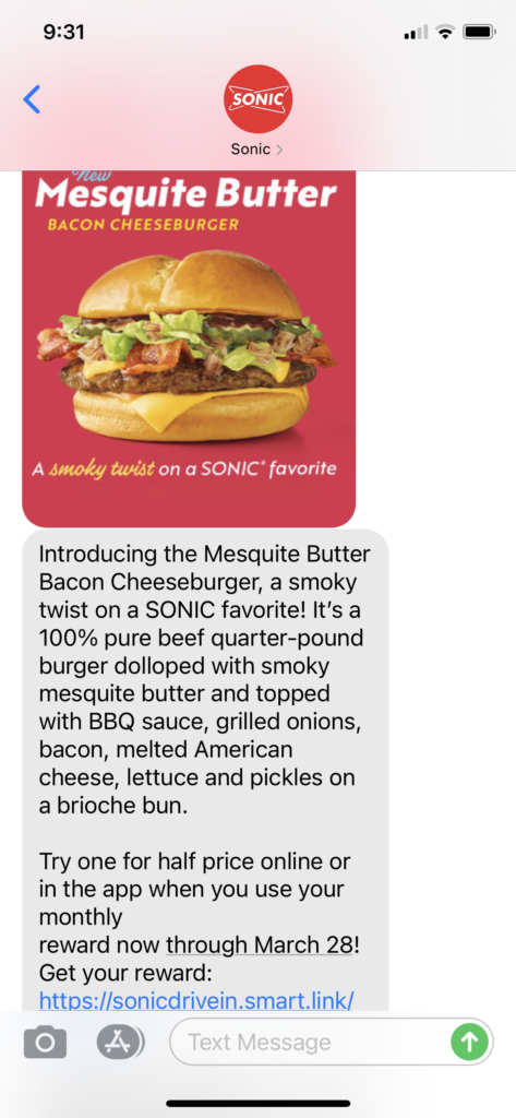 Sonic Text Message Marketing Example - 03.01.2021