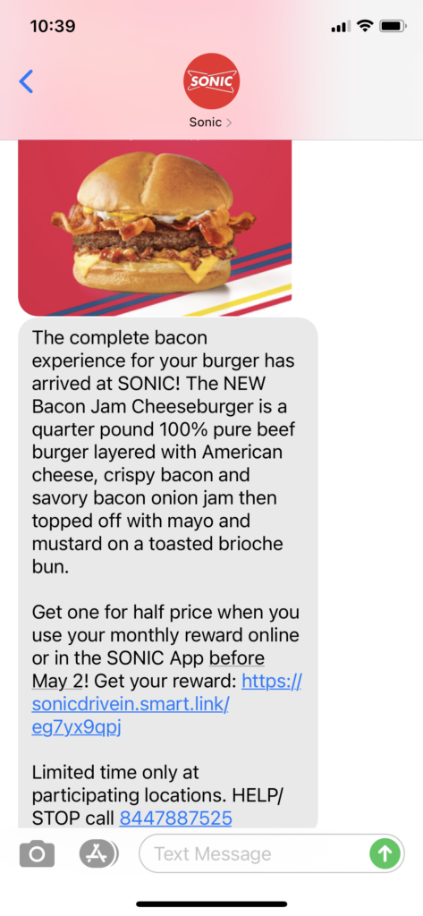 Sonic Text Message Marketing Example - 03.29.2021