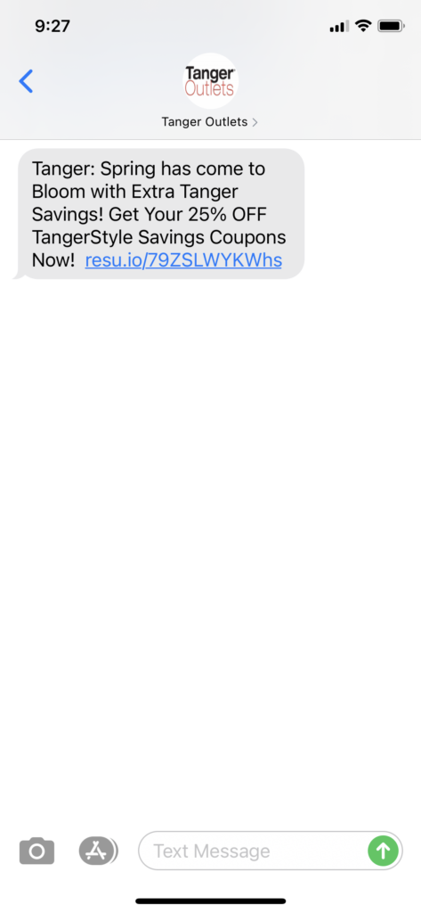 Tanger Outlets Text Message Marketing Example - 03.12.2021
