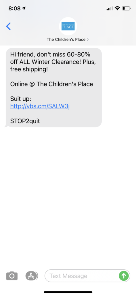 The Children's Place Text Message Marketing Example - 02.27.2021