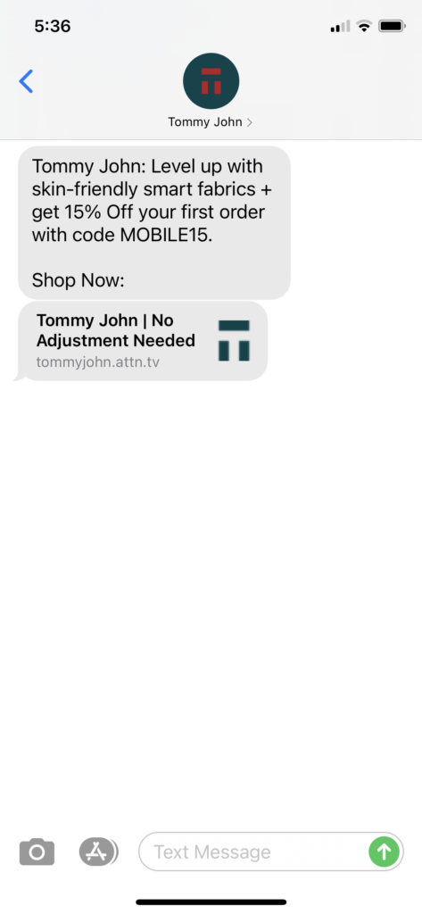 Tommy John Text Message Marketing Example - 02.24.2021