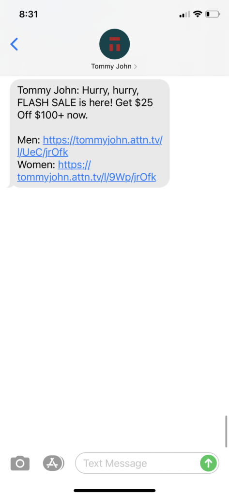 Tommy John Text Message Marketing Example - 02.26.2021