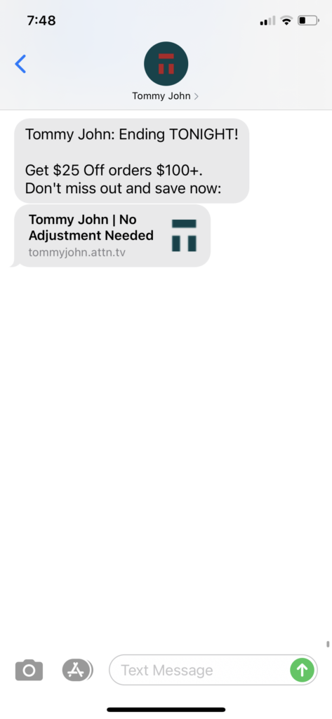 Tommy John Text Message Marketing Example - 02.28.2021