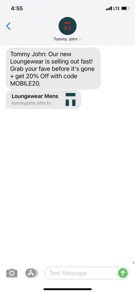 Tommy John Text Message Marketing Example - 03.10.2021