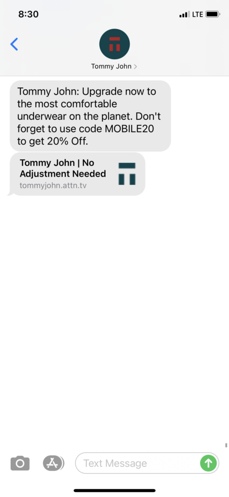 Tommy John Text Message Marketing Example - 03.13.2021