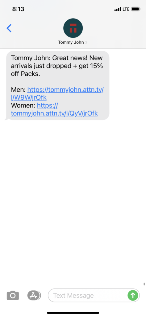Tommy John Text Message Marketing Example - 03.14.2021