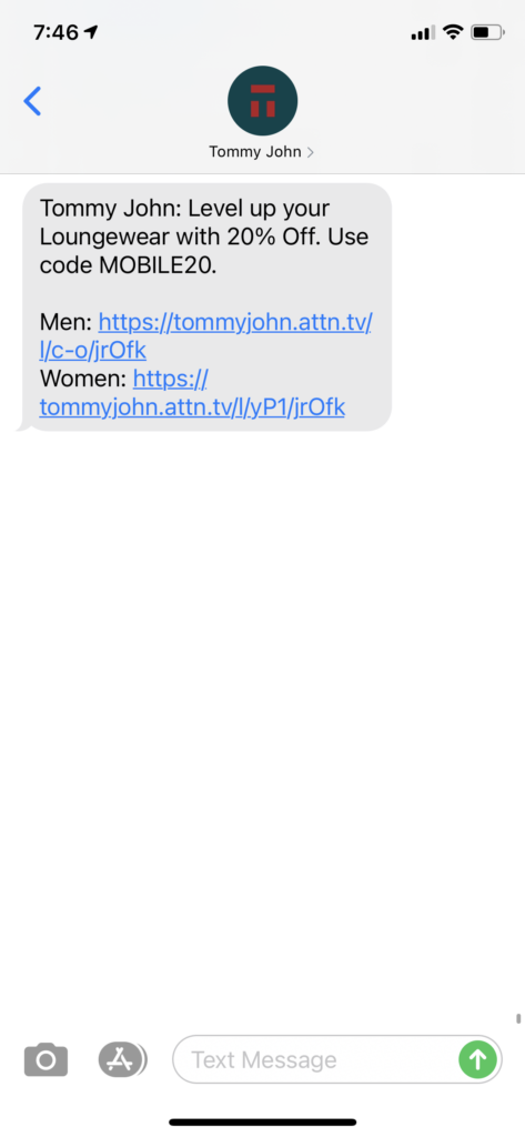Tommy John Text Message Marketing Example - 03.17.2021