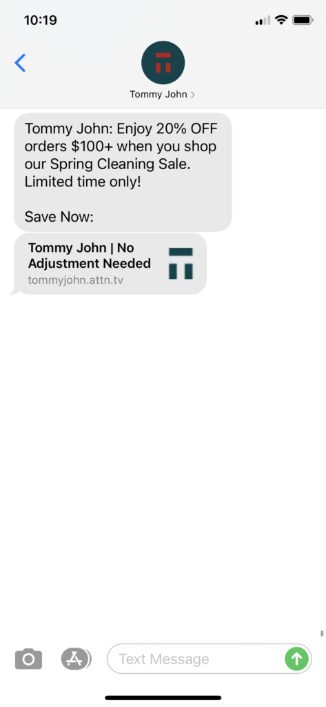 Tommy John Text Message Marketing Example - 03.18.2021