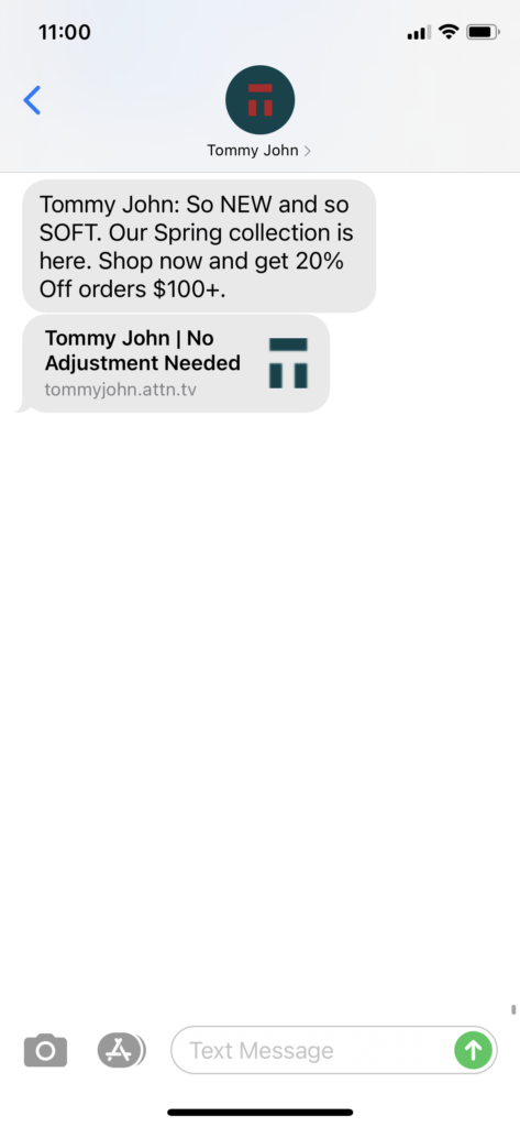 Tommy John Text Message Marketing Example - 03.25.2021