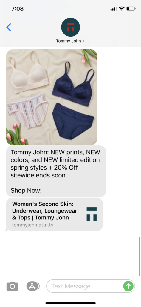 Tommy John Text Message Marketing Example - 03.27.2021
