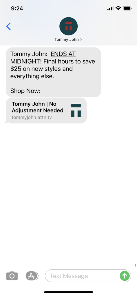 Tommy John Text Message Marketing Example - 03.31.2021