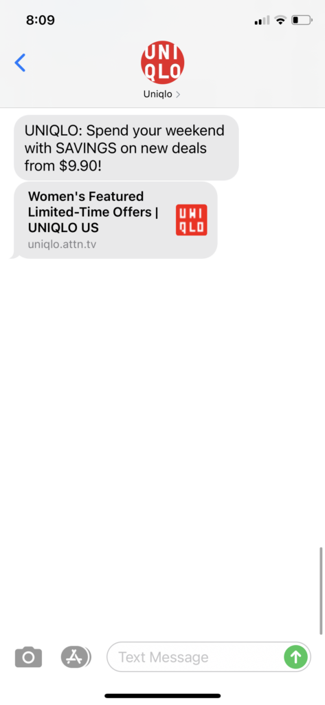 UNIQLO Text Message Marketing Example - 02.27.2021