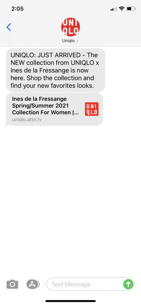 UNIQLO Text Message Marketing Example - 03.04.2021