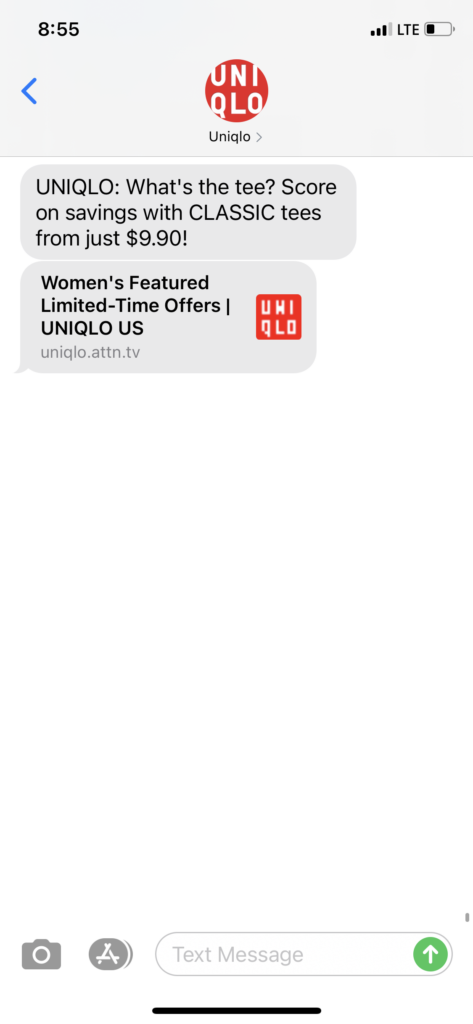 UNIQLO Text Message Marketing Example - 03.28.2021