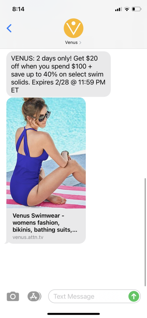 Venus Text Message Marketing Example - 02.27.2021