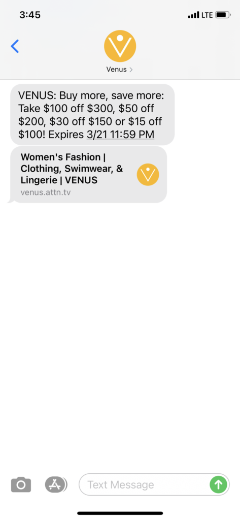 Venus Text Message Marketing Example - 03.19.2021