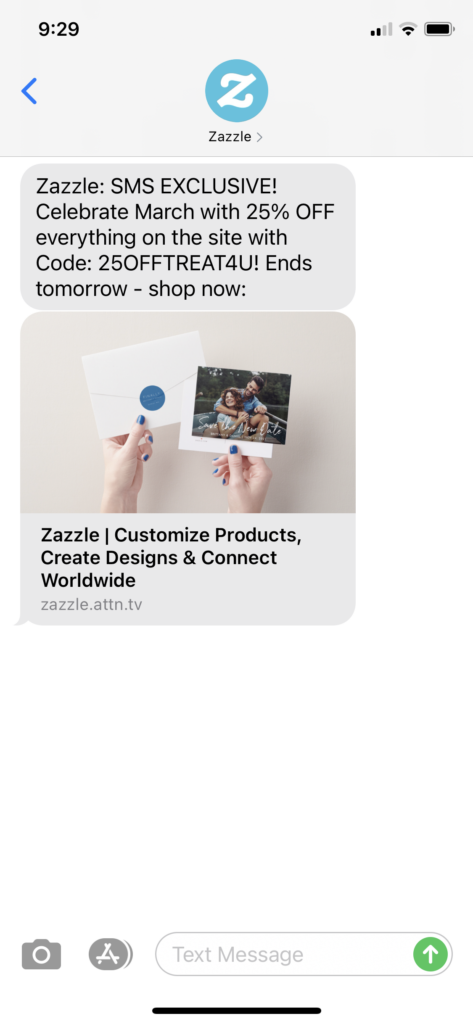 Zazzle Text Message Marketing Example - 03.01.2021