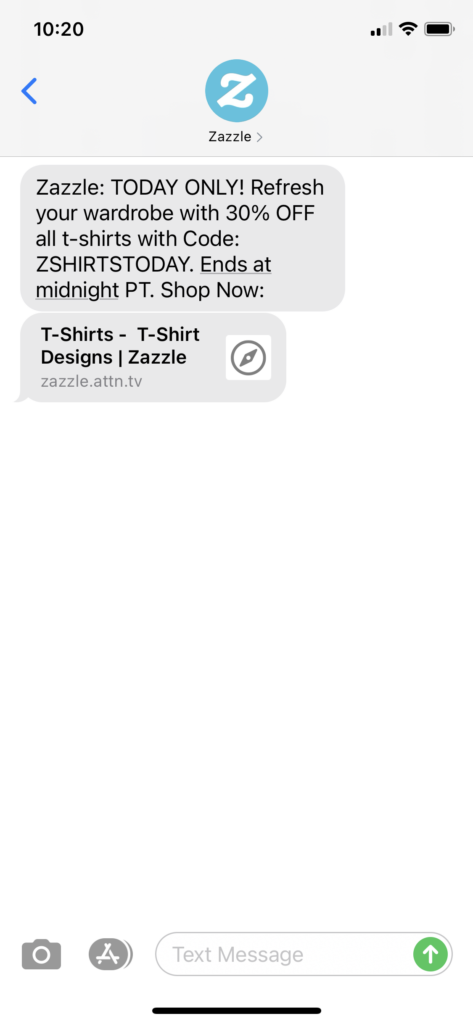 Zazzle Text Message Marketing Example - 03.18.2021