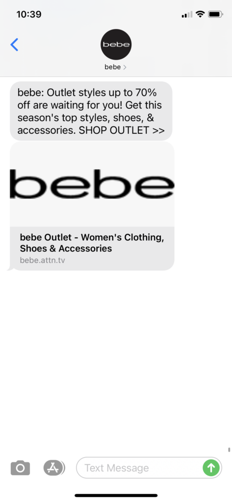 bebe Text Message Marketing Example - 03.29.2021