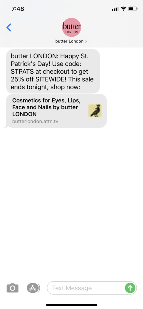 butter London Text Message Marketing Example - 03.17.2021