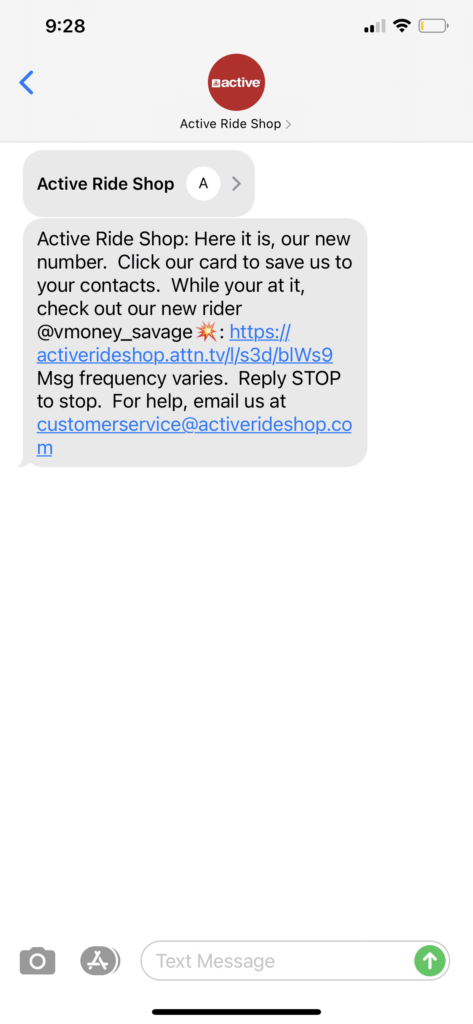 Active Ride Shop Text Message Marketing Example - 04.09.2021