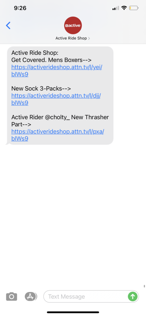 Active Ride Shop Text Message Marketing Example - 04.15.2021
