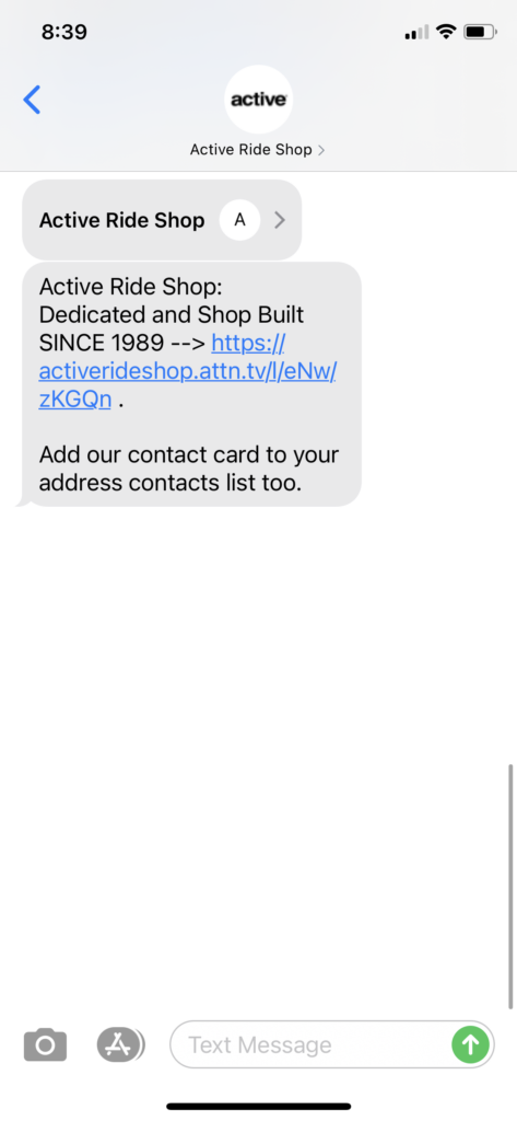 Active Ride Shop Text Message Marketing Example - 04.17.2021