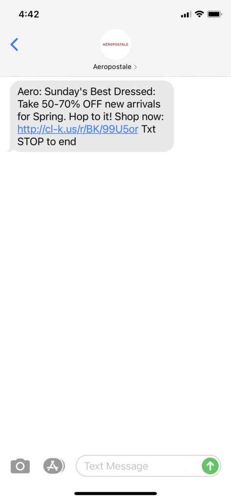 Aeropostale Text Message Marketing Example - 04.04.2021