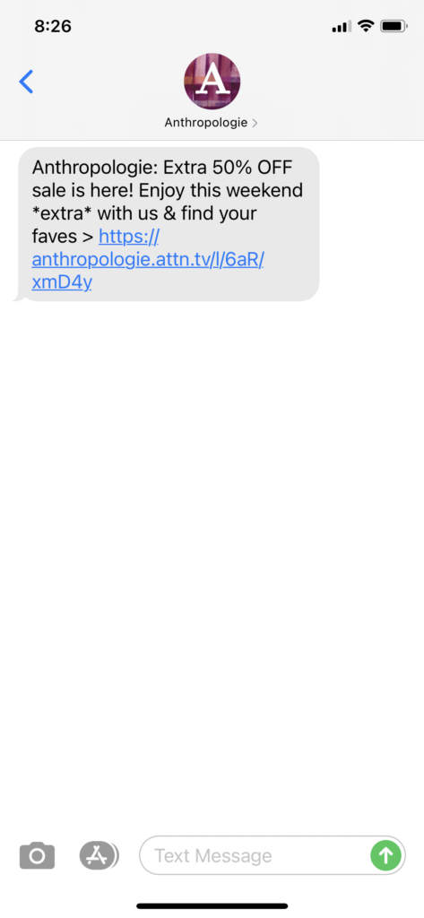 Anthropologie Text Message Marketing Example - 04.15.2021