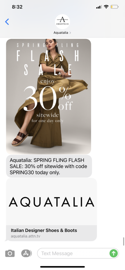 Aquatalia Text Message Marketing Example - 04.15.2021