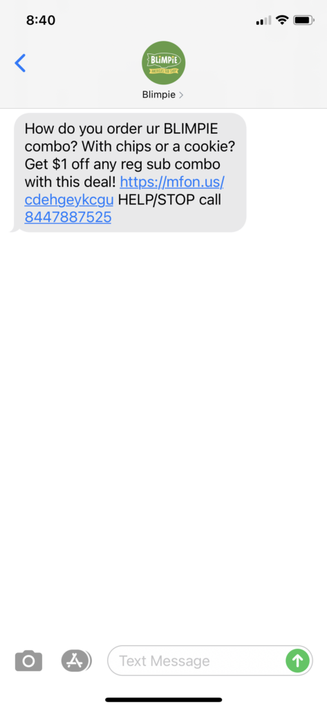 Blimpie Text Message Marketing Example - 04.14.2021