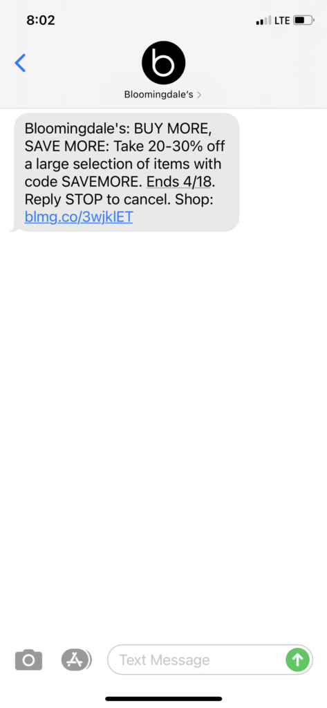 Bloomingdale's Text Message Marketing Example - 04.09.2021