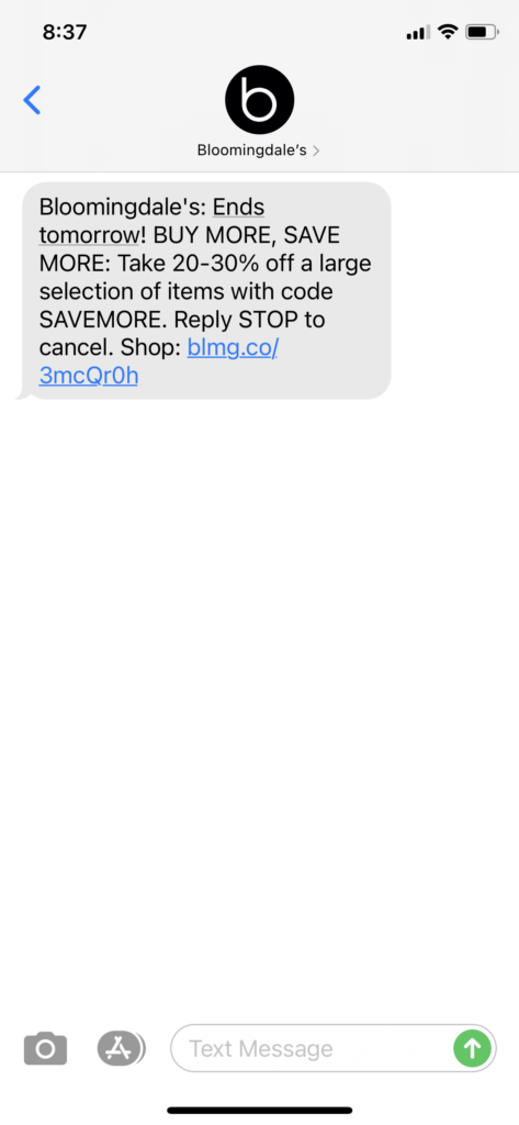 Bloomingdales Text Message Marketing Example - 04.17.2021