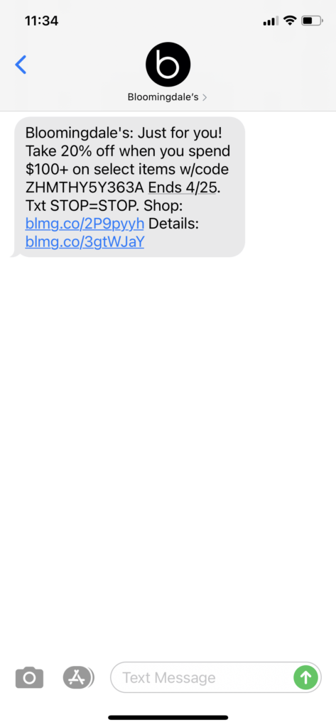 Bloomingdale's Text Message Marketing Example - 04.22.2021