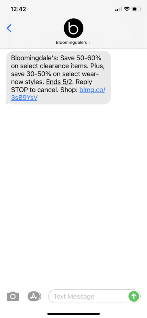 Bloomingdale's Text Message Marketing Example - 04.27.2021