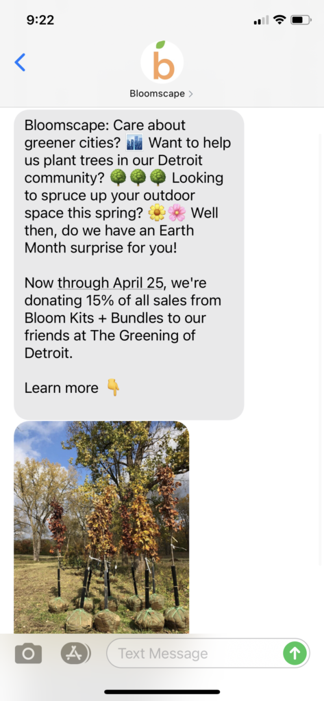 Bloomscape Text Message Marketing Example - 04.16.2021