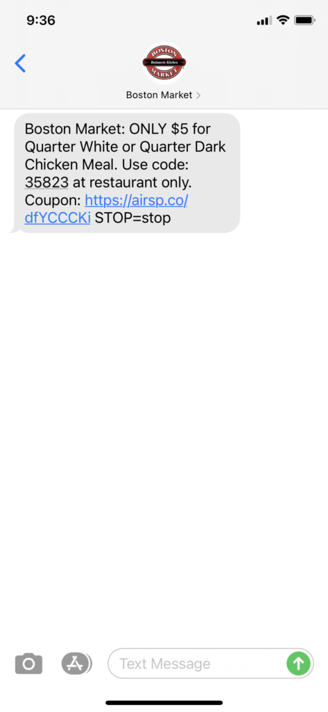 Boston Market Text Message Marketing Example - 03.22.2021