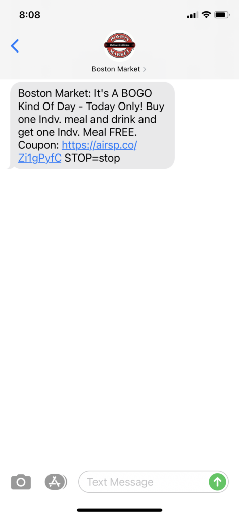 Boston Market Text Message Marketing Example - 04.07.2021
