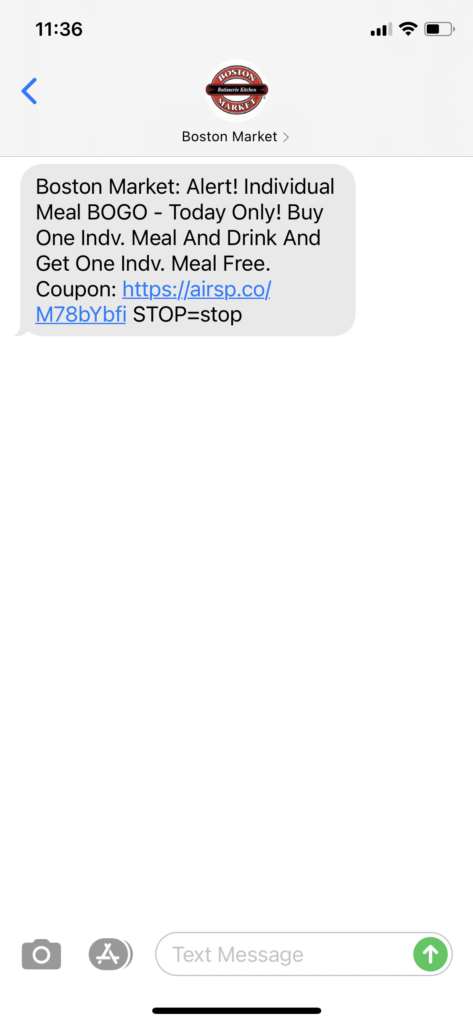 Boston Market Text Message Marketing Example - 04.22.2021