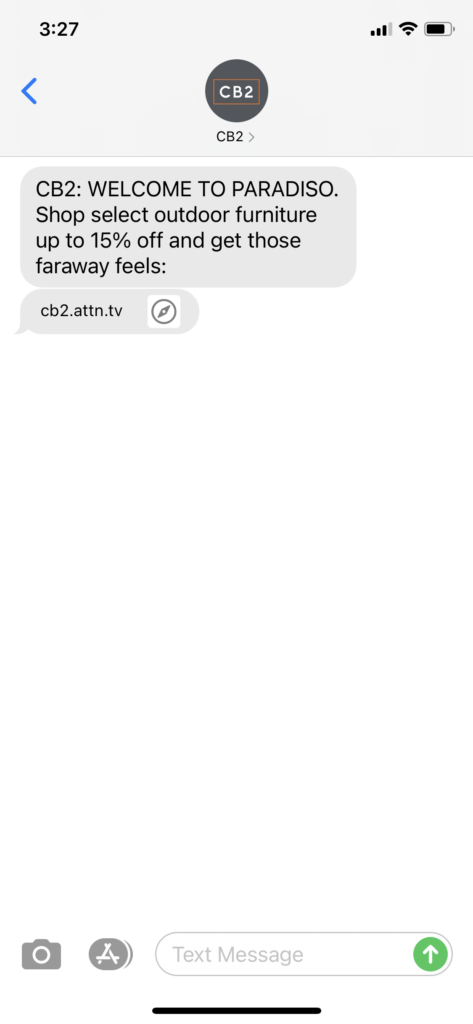 CB2 Text Message Marketing Example - 04.24.2021