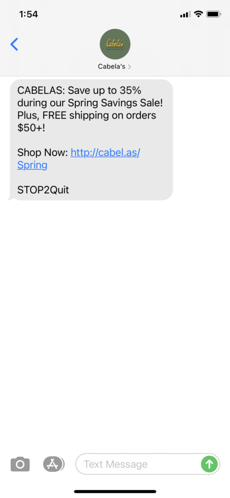 Cabela's Text Message Marketing Example - 04.02.2021