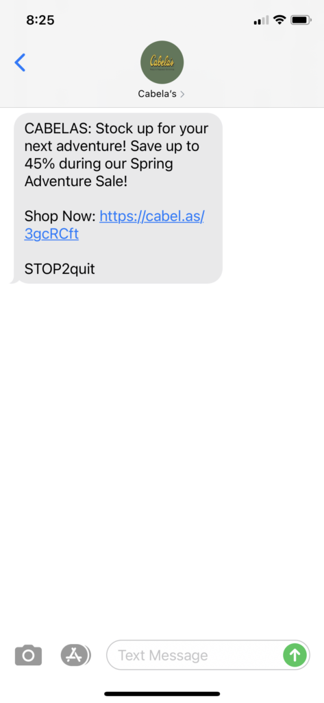 Cabela's Text Message Marketing Example - 04.15.2021