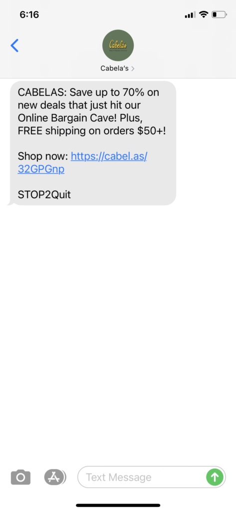 Cabela's Text Message Marketing Example - 04.23.2021