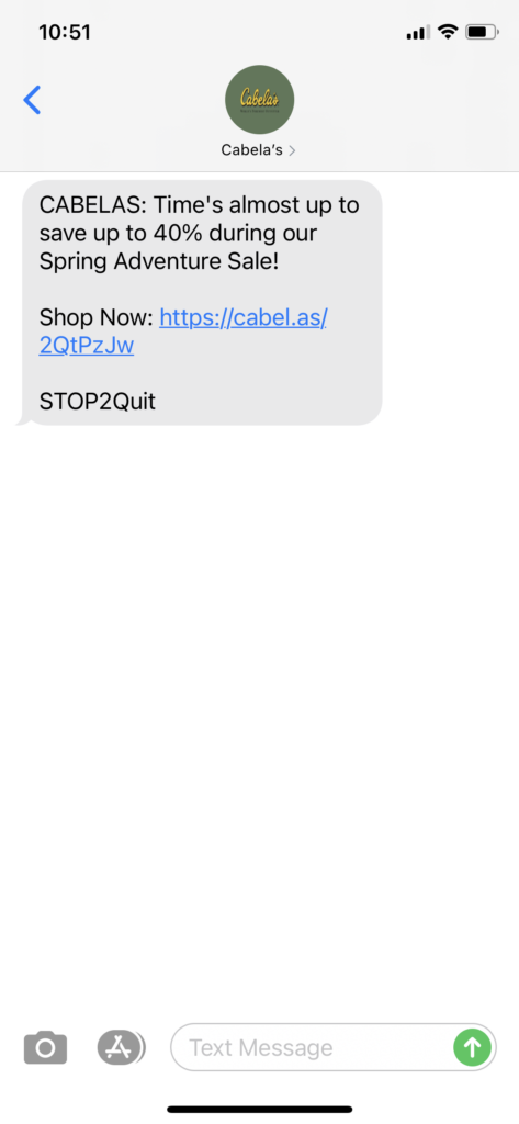 Cabela's Text Message Marketing Example - 04.27.2021