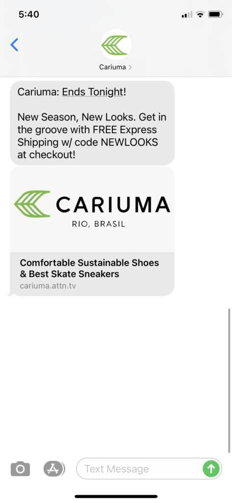 Cariuma Text Message Marketing Example - 04.12.2021
