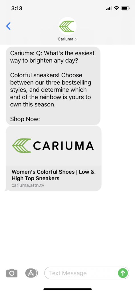Cariuma Text Message Marketing Example - 04.24.2021