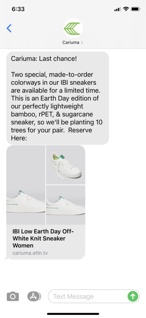 Cariuma Text Message Marketing Example - 04.27.2021