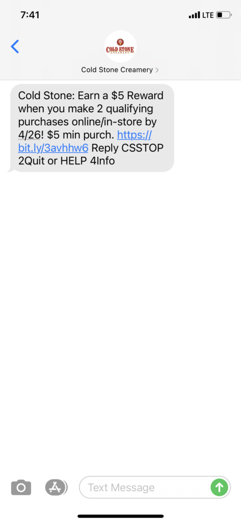 Cold Stone Creamery Text Message Marketing Example - 04.21.2021